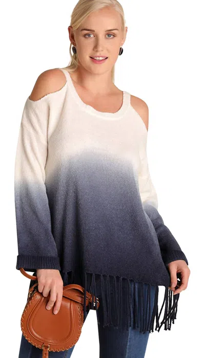 Umgee Ombre Cold Shoulder Fringe Sweater In Navy In Blue