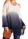 Umgee Ombre Cold Shoulder Fringe Sweater In Navy In Blue