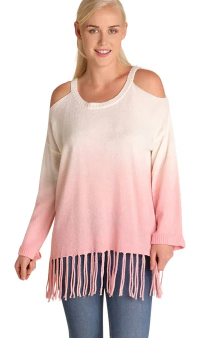 Umgee Ombre Cold Shoulder Fringe Sweater - Plus In Rose In Multi