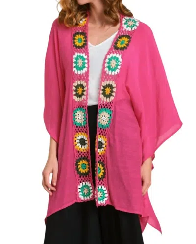 Umgee Open Front Kimono With Crochet Details In Hot Pink