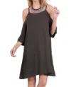 Umgee Open Shoulder Ruffle Sleeve Dress In Ash In Grey