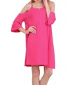 Umgee Open Shoulder Ruffle Sleeve Dress In Hot Pink
