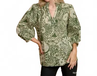 Umgee Paisley Button Down V Neck Blouse In Olive In Green