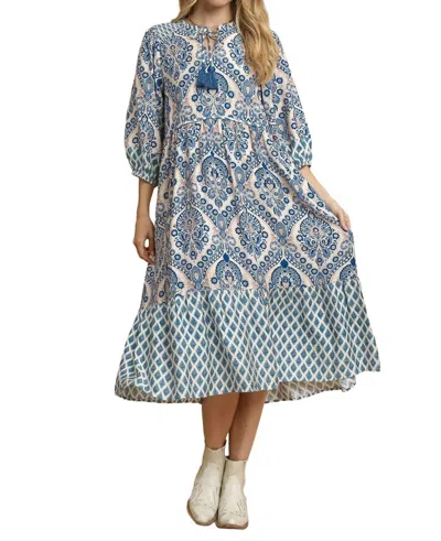 Umgee Paisley Crosspatch Midi Dress In Blue