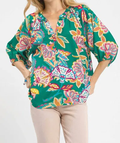 Umgee Paisley Print V-neck Half Button Down Top In Emerald Mix In Green