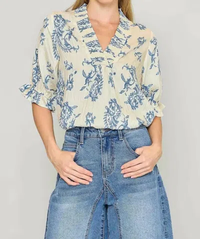 Umgee Paisley Print V-neck Top In Blue Mix In Multi