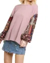 Umgee Paisley Print Waffle Knit Top In Blush In Pink