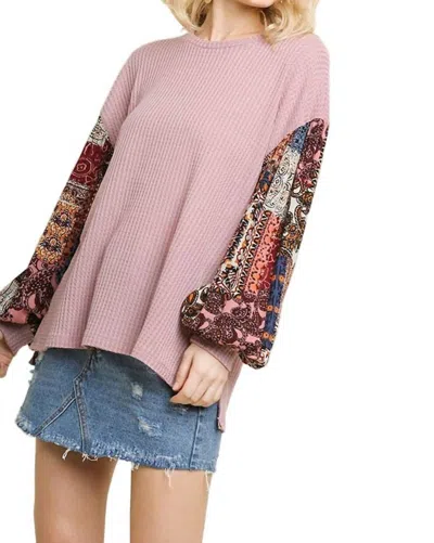 Umgee Paisley Print Waffle Knit Top In Blush In Pink