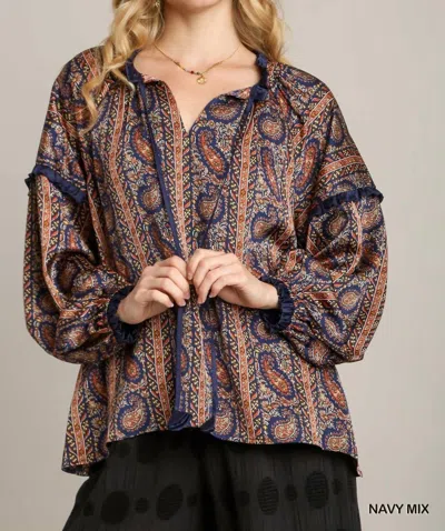 Umgee Paisley Printed Blouse In Navy In Blue