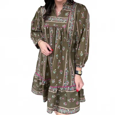 Umgee Pattern Babydoll Dress In Olive Mix In Green