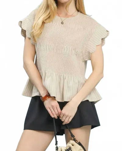 Umgee Pinstripe Smocked Flutter Sleeve Top In Oatmeal In Neutral