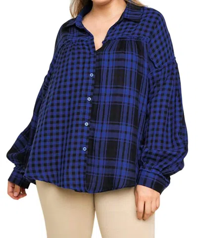 Umgee Plaid & Checkered Button Up Top In Royal In Blue