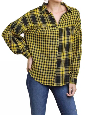 Umgee Plaid & Checkered Button Up Top In Yellow In Multi