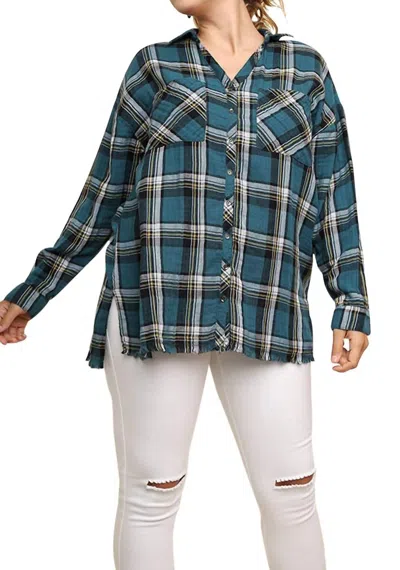 Umgee Plaid And Frayed Cotton Top - Plus In Teal In Blue