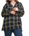 Umgee Plaid & Frayed Cotton Top - Plus Size In Navy In Blue