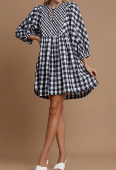 Umgee Plaid Babydoll Dress In Navy In Blue