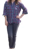Umgee Plaid Button Up Top In Navy In Blue