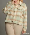 Umgee Plaid Cropped Jacket Shacket In Pistachio Mix