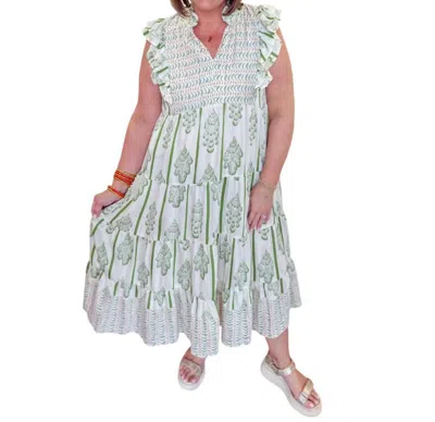 Umgee Plus Size Border Print Smocked Dress In Cream/sage