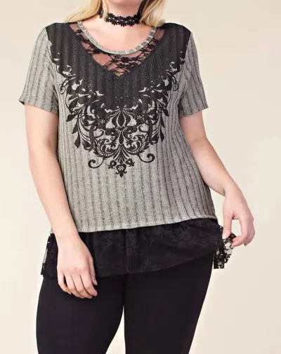 Umgee Plus Top With Print And Black Lace Bottom In Gray In Grey