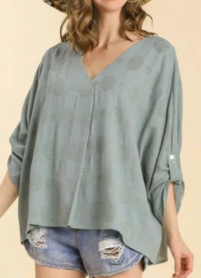 Umgee Polka Dot Detail V-neck Top With Adjustable Sleeves In Mint In Gray