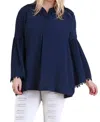 Umgee Popover Trumpet Sleeve Blouse In Navy