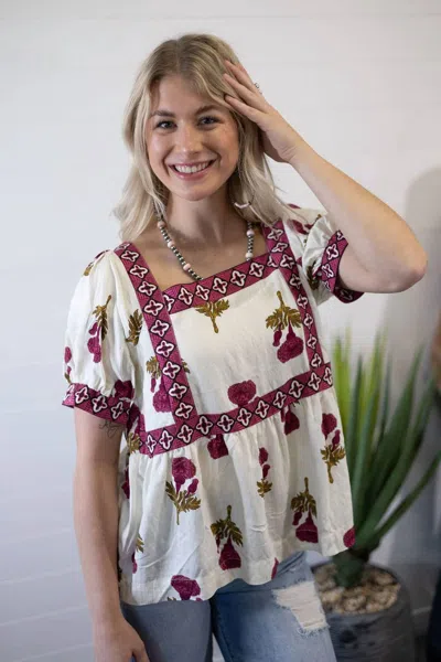 Umgee Prairie Marigold Western Boho Blouse In White/ Red
