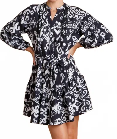 Umgee Print Flounce Dress In Black In Blue