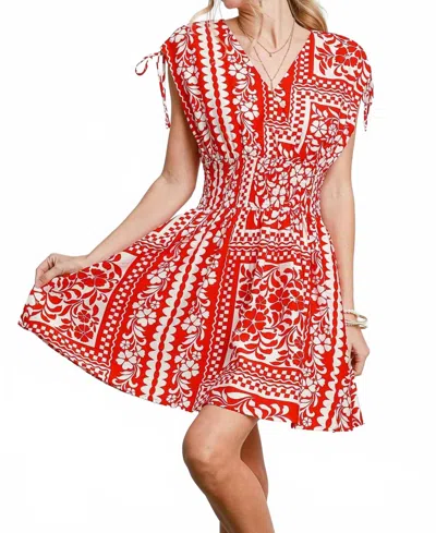 Umgee Print Smocked Waist Mini Dress In Red In Multi