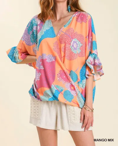 Umgee Print V-neck Top With Ruffled Sleeves In Mango Mix In Multi
