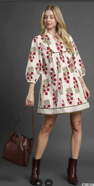 Umgee Printed Babydoll Mini Dress In Beige In White
