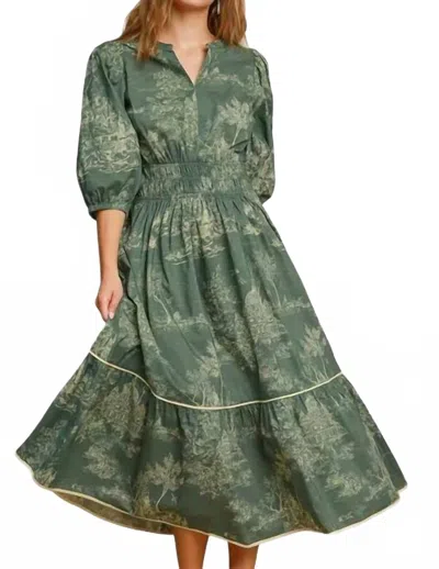 Umgee Printed Midi Dress In Olive In Green