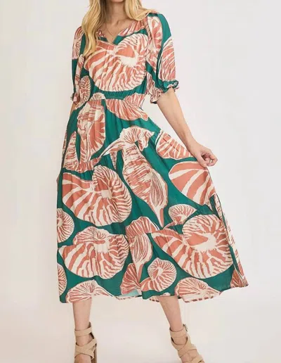 Umgee Printed Notched Puff Sleeve Midi Dress In Multi