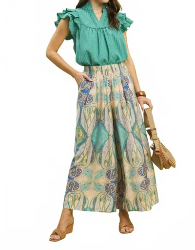 Umgee Printed Pull-on Skirt Pants In Blue In Animal Print