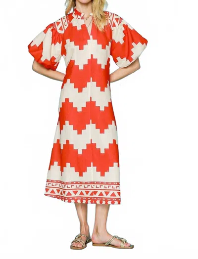 Umgee Printed V-neck Puff Short Sleeve Midi Dress In Poppy In Multi