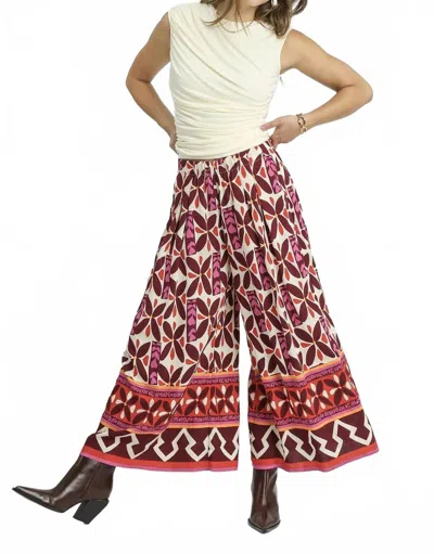 Umgee Printed Wide Leg Skirt Pants In Burgundy Mix In Multi