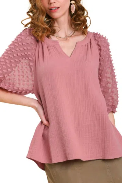 Umgee Puff Sleeve Blouse In Blush Pink