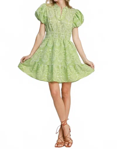 Umgee Puff Sleeve Eyelet Mini Dress In Lime Green