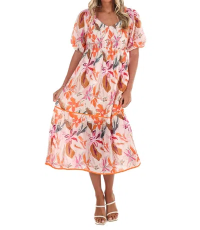 Umgee Puff Sleeve Floral Smocked Tiered Midi Dress In Pink