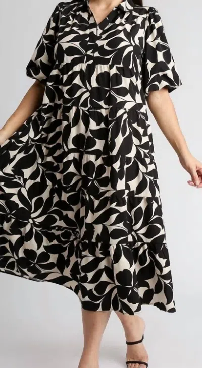 Umgee Puff Sleeve Midi Dress In Black And Cream