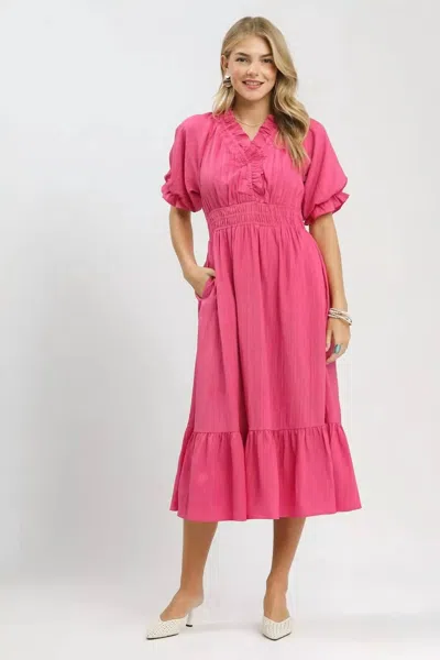 Umgee Puffed Sleeve Midi Dress In Peony In Pink