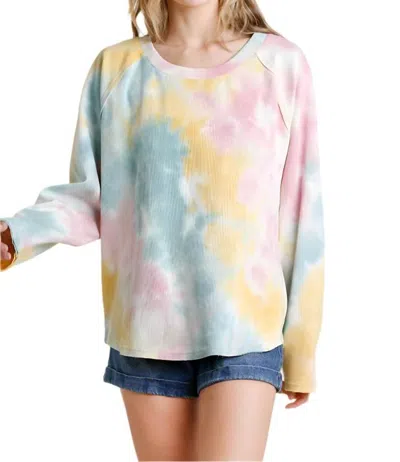 Umgee Raglan Sleeve Raw Edged Top In Multi