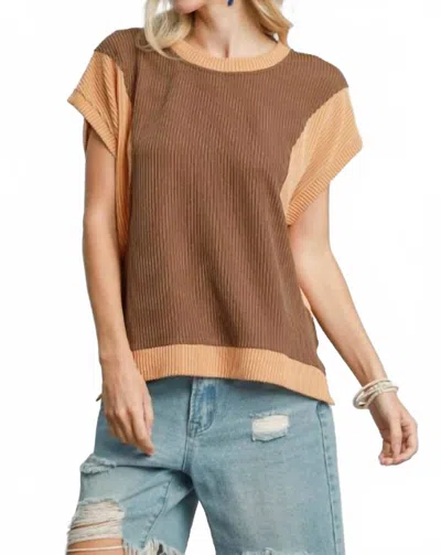 Umgee Raised Rib Color Block Top In Brown