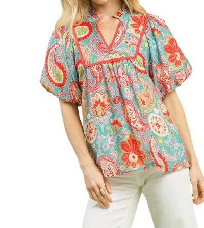 Umgee Resort Ready Blouse In Light Blue Multi In Animal Print