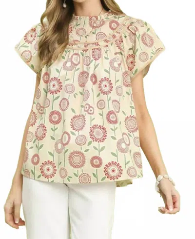 Umgee Retro Floral Smocked Babydoll Blouse In Natural In White