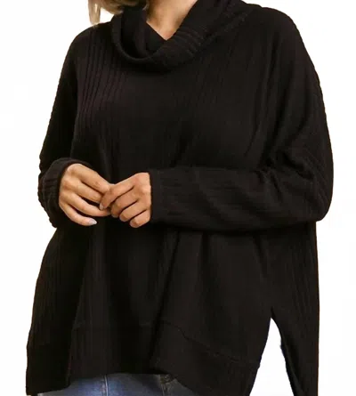 Umgee Ribbed Cowl Neck Sweater With Side Slits In Black