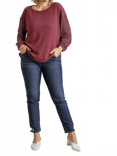 Umgee Ribbed Sleeve Top In A Waffle Knit With High Low Hem - Plus In Berry Striped In Red