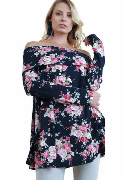 Umgee Rose Garden Off The Shoulder Top In Navy Mix In Multi