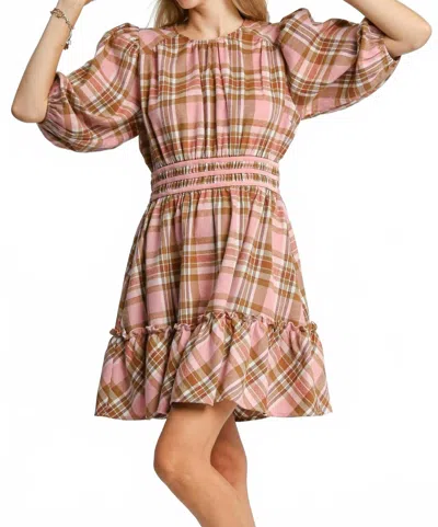 Umgee Round Neck Plaid Dress In Mauve In Multi