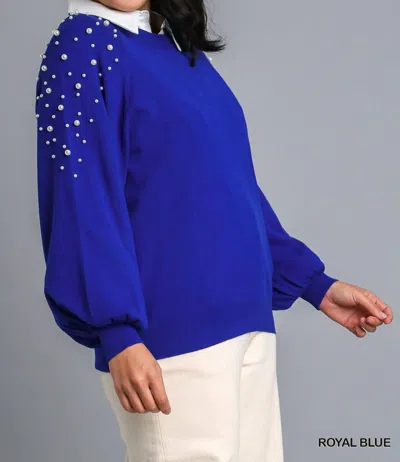 Umgee Round Neck Pullover Sweater With Long Sleeve Pearl Details In Blue